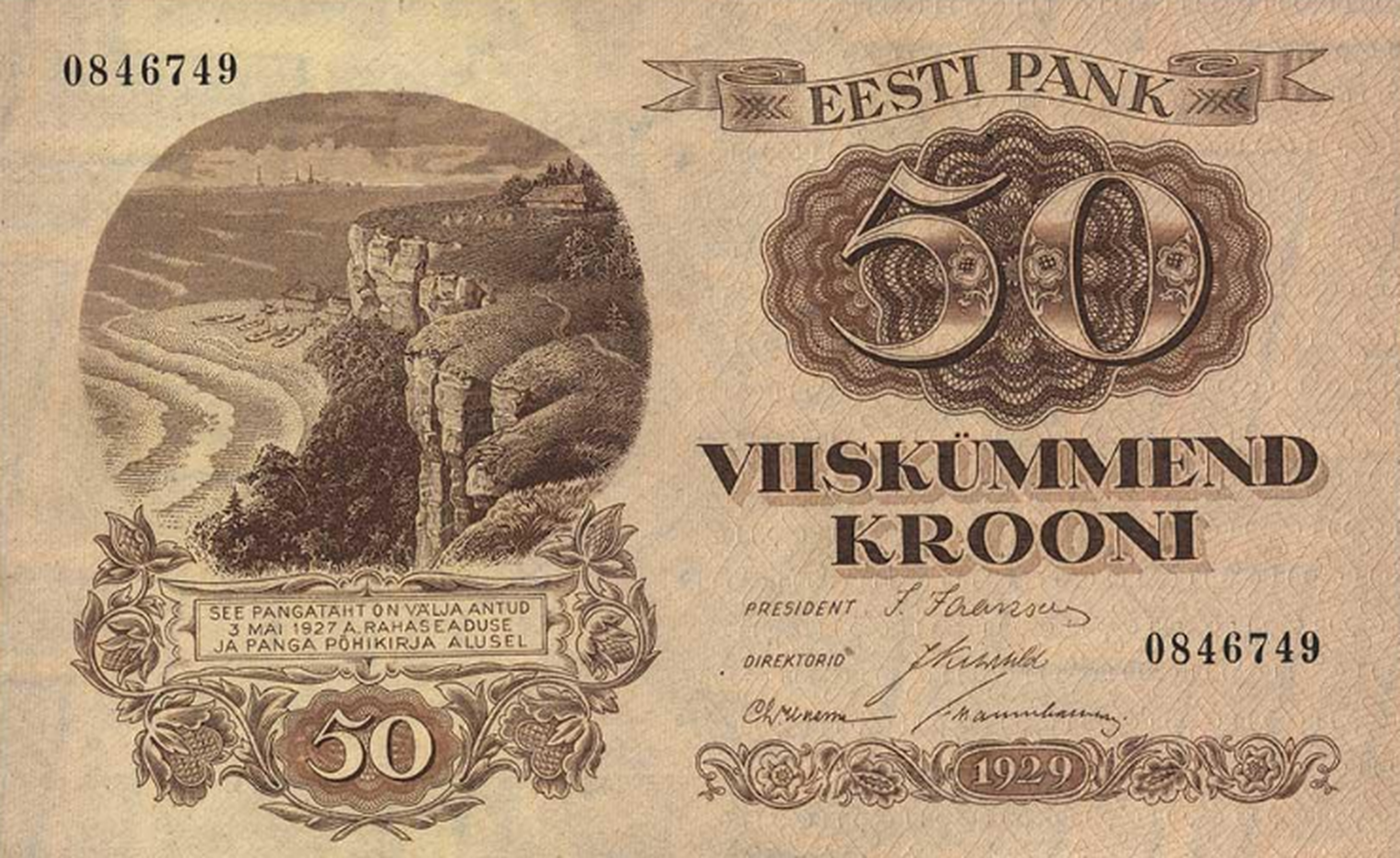 50-kroonine Eesti Vabariigi pangatäht, mis anti välja 3. mail 1927.