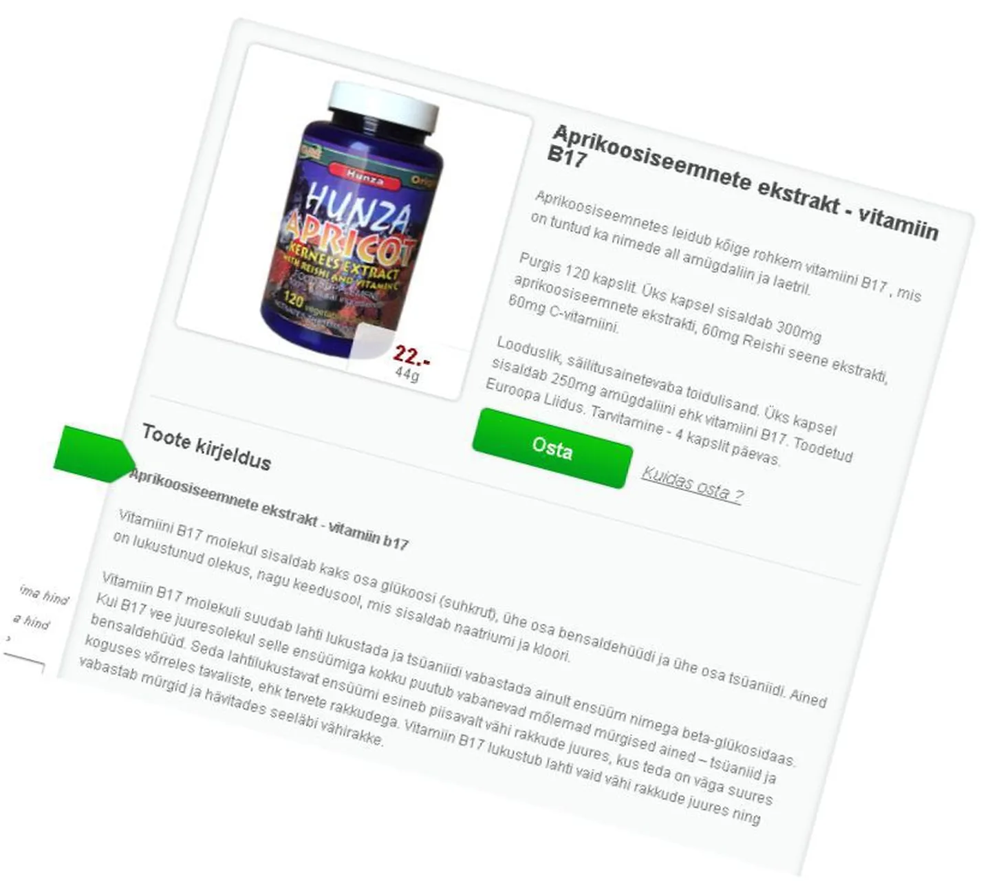 Aprikoosiseemne ekstrakti eksitav reklaam.