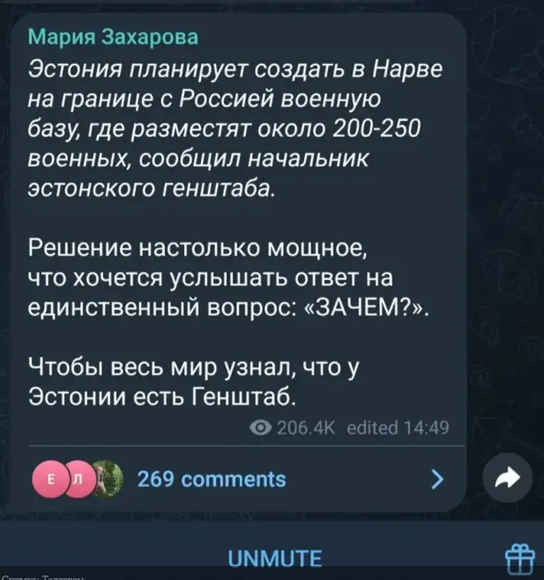 Maria Zahharova postitus Telegramis.