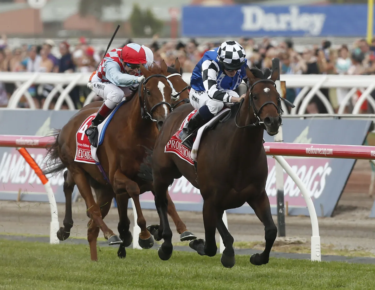Džoki Ryan Moore ja võidukas Protectionist (esiplaanil) Melbourne Cupi lõpusirgel.