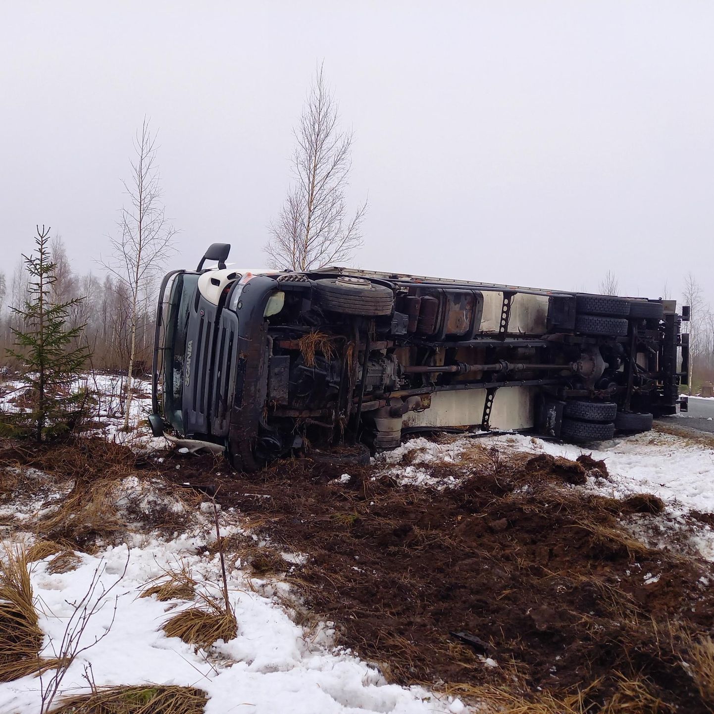 Külili paiskunud Scania külmveok Raigu külas.