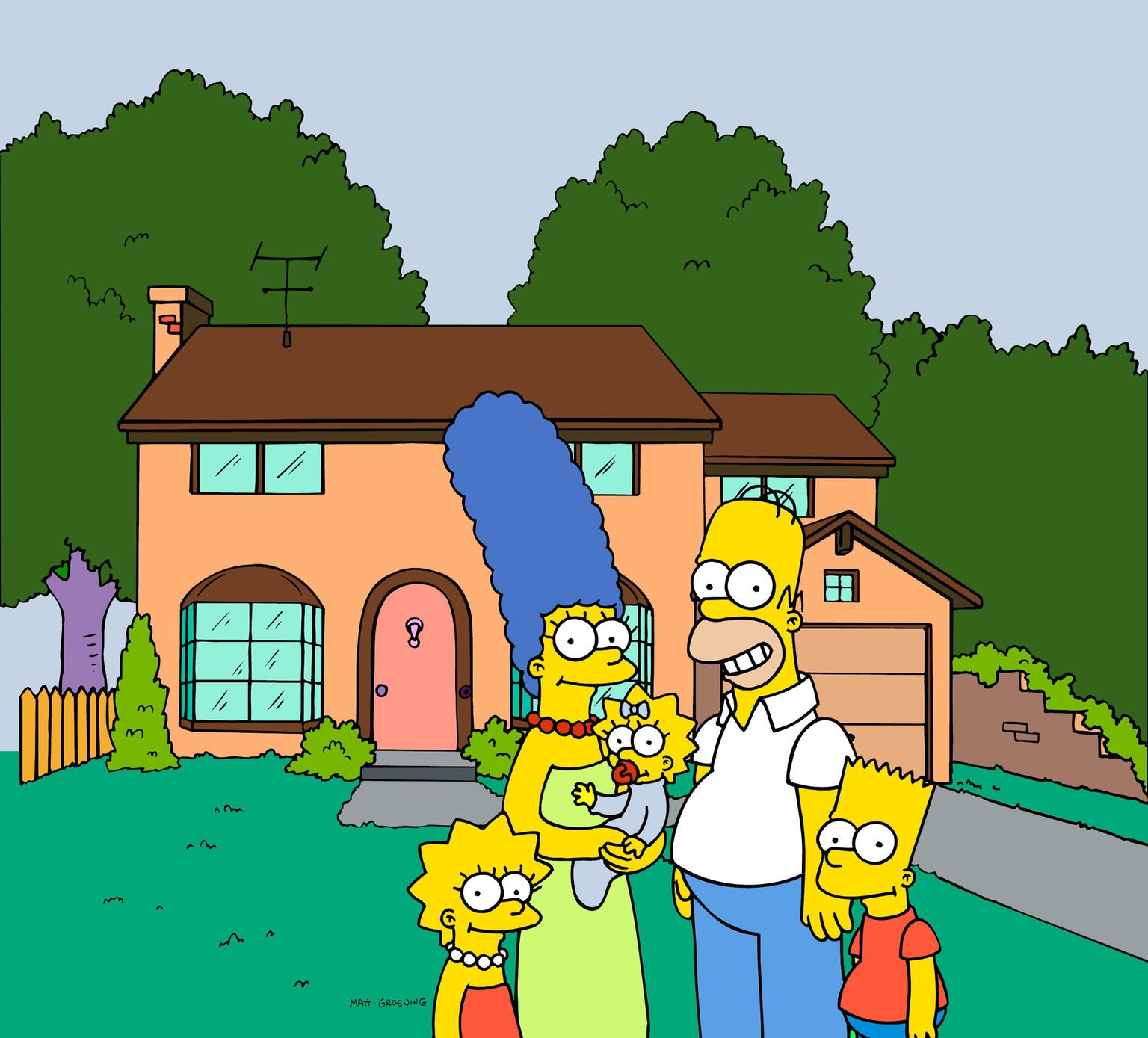 Simpsonid oma maja ees. Vasakult paremale Lisa, Marge, Maggie, Homer ja Bart.
