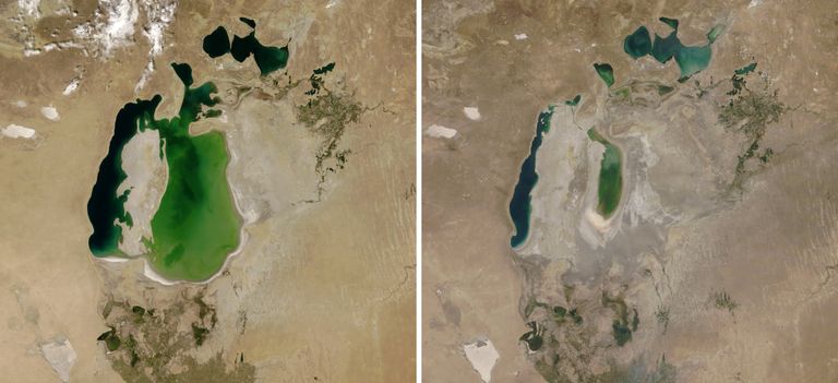 Arāla jūra 2000. (pa kreisi) un 2018. gadā NASA satelītattēlos