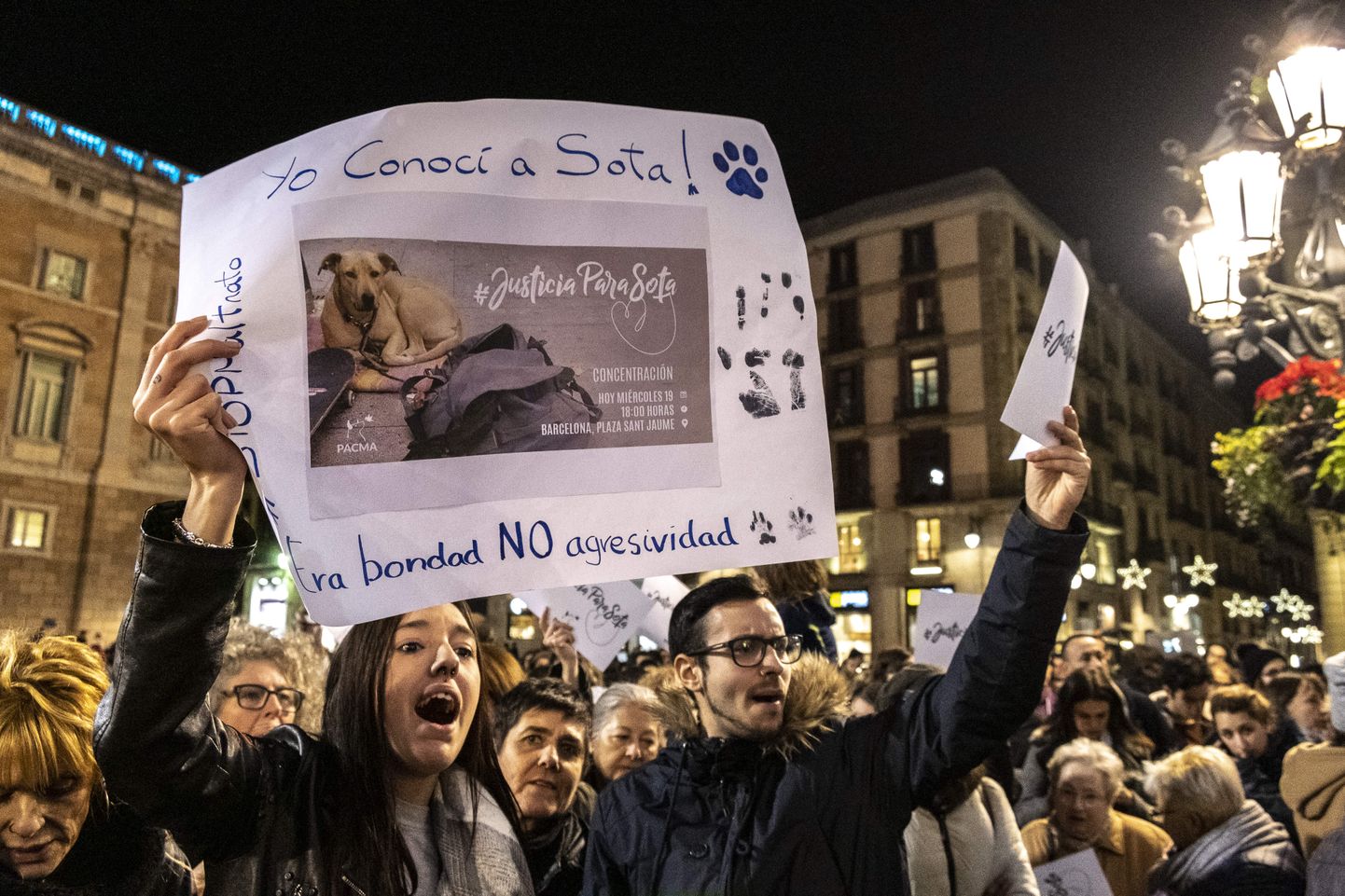 Протестующие держат плакат с фотографией Соты.