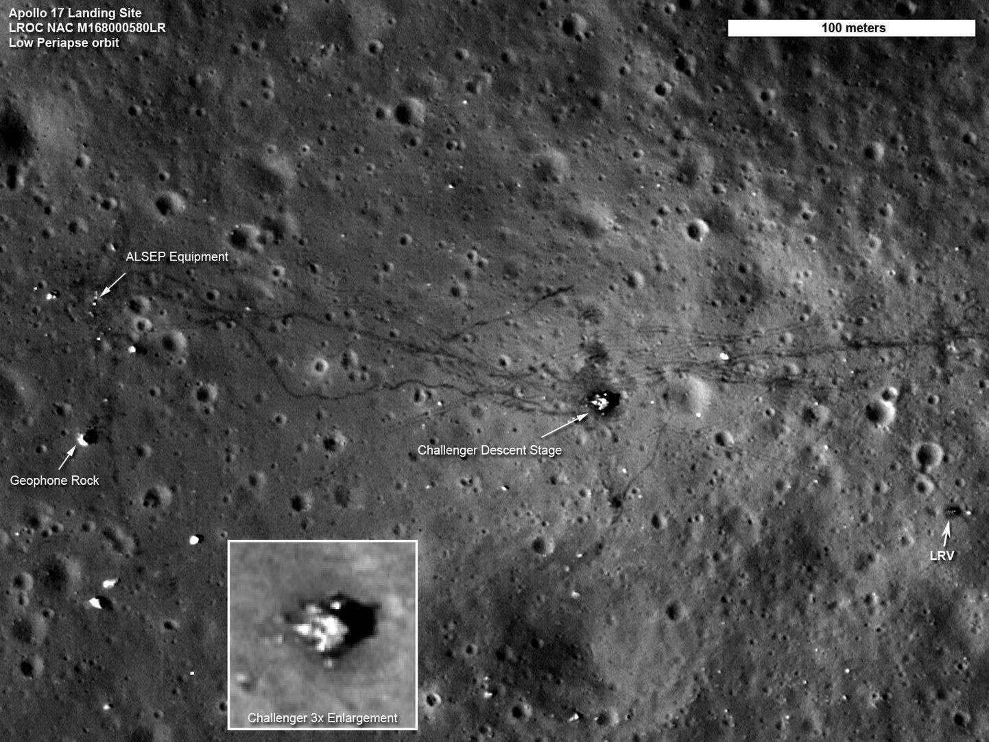 NASA Lunar Reconnaissance Orbiter (LRO)pilt Kuust, kuhu maandus Apollo 17 kuumoodul