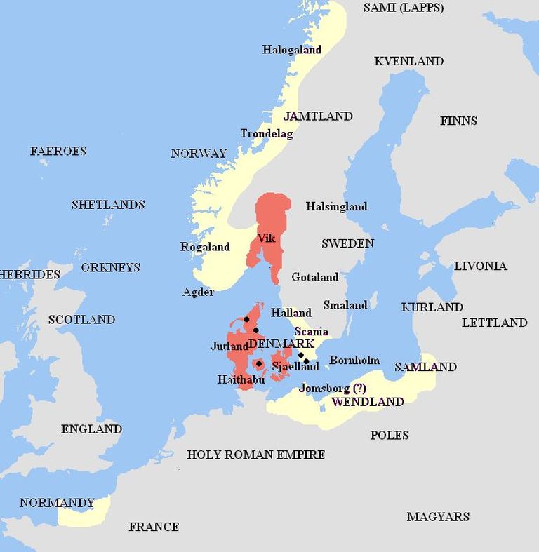 Taani kuningriigi ulatus kuningas Harald Sinihamba ajal (punasega)