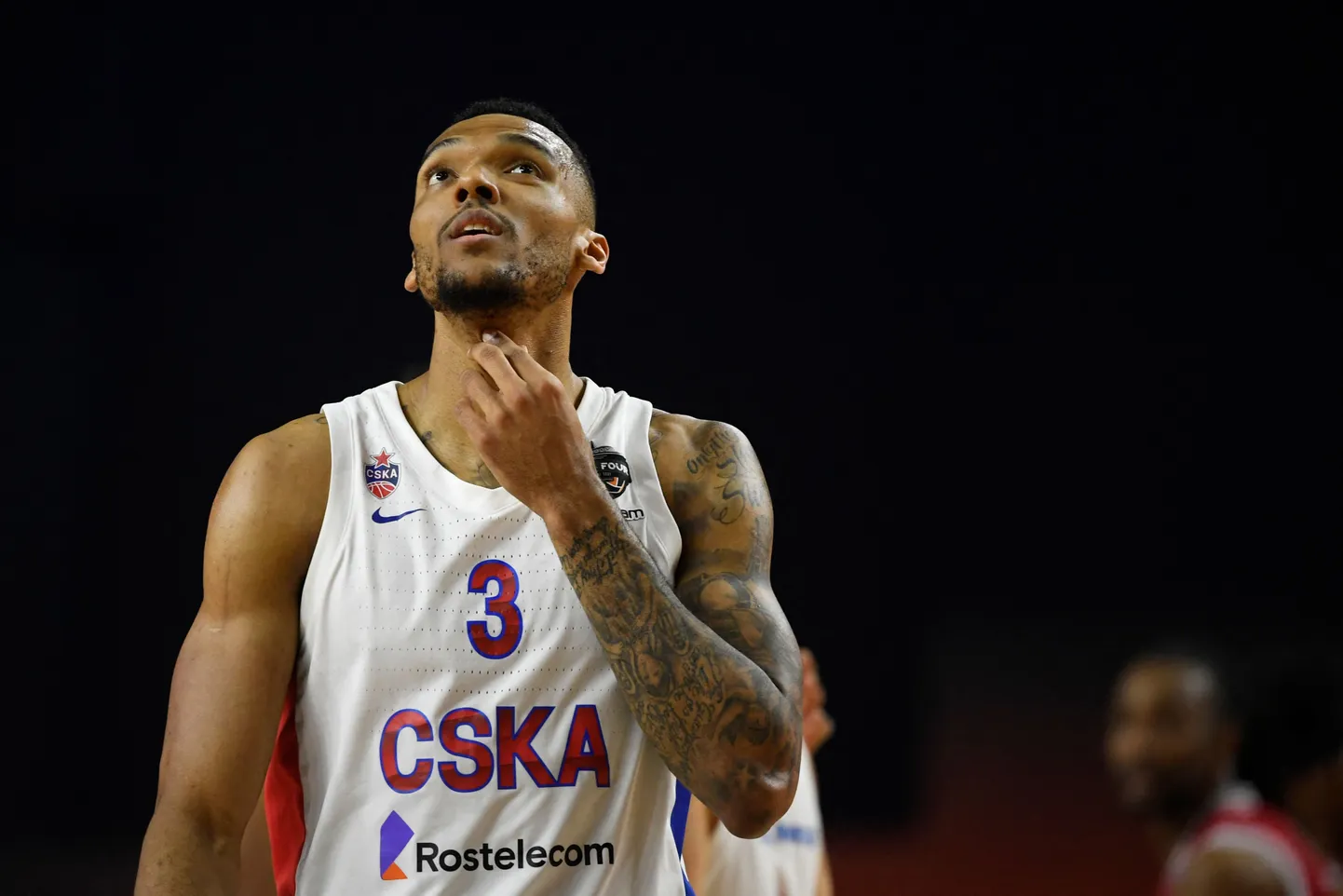 CSKA Moscow's Joel Bolomboy looks on after the Basketball Euroleague Final Four championship third place match between Pallacanestro Olimpia Milano and CSKA Moscow in Cologne, western Germany, on May 30, 2021. (Photo by Ina Fassbender / AFP)