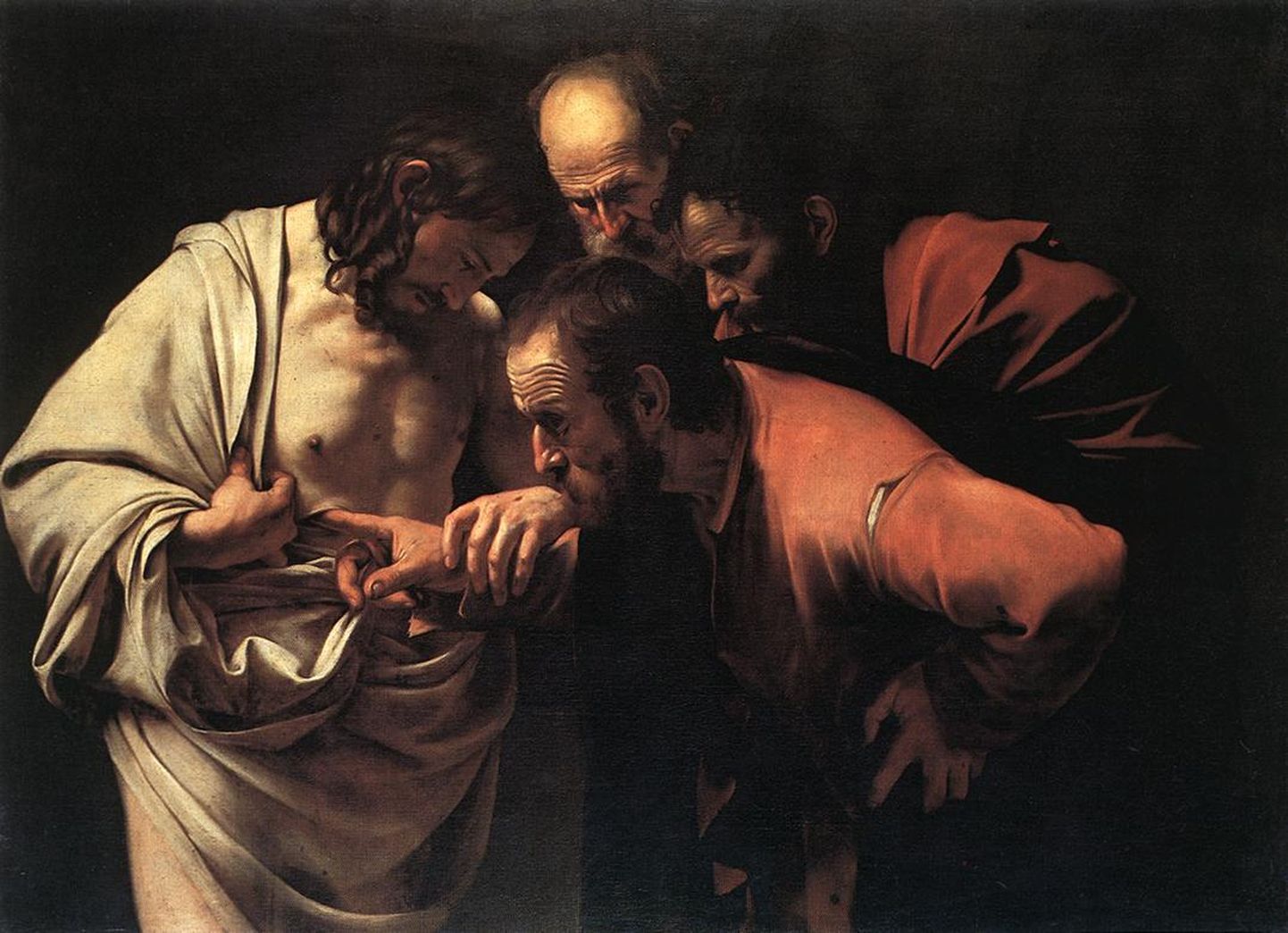 Uskmatu Toomas kontrollimas, kas tegu on ikka ülestõusnud Kristusega. Michelangelo Caravaggio