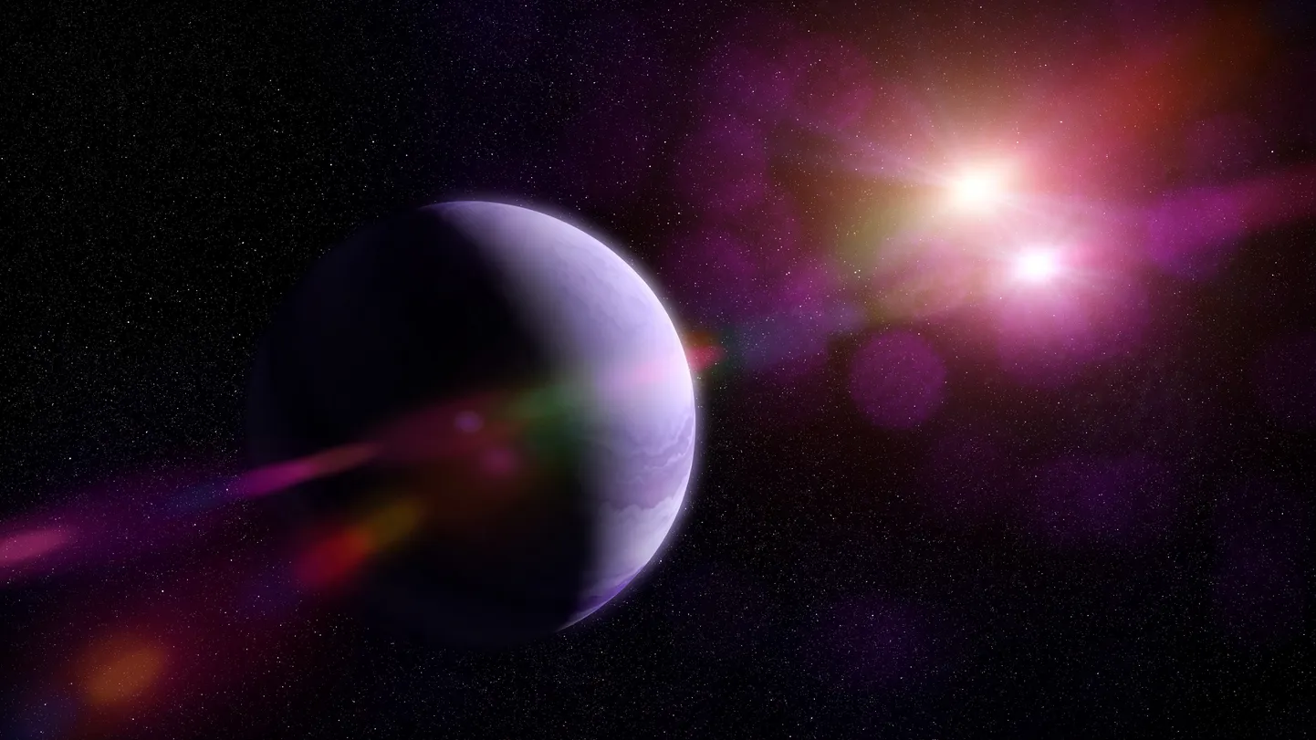 Planeet liikumas ümber kaksiktähe. Pilt on illustreeriv