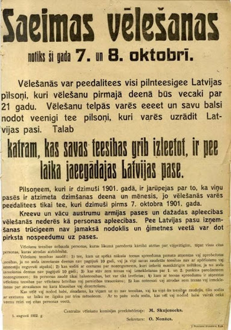 Paziņojums par 1. Saeimas vēlēšanām 1922. gadā