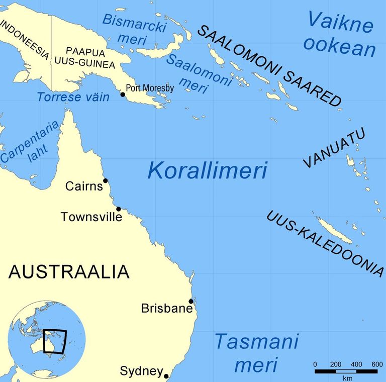 Kaart, millel on ära toodud Korallimere asukoht