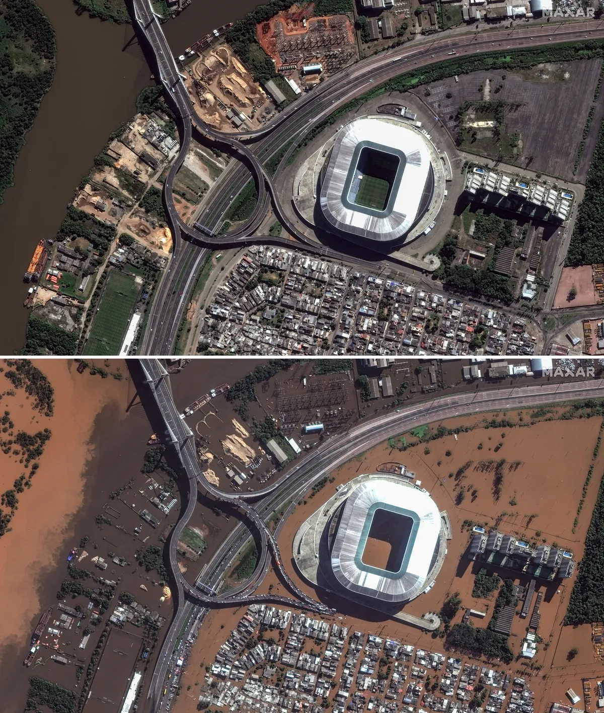 Portualegri futbola stadions pirms un pēc plūdiem.