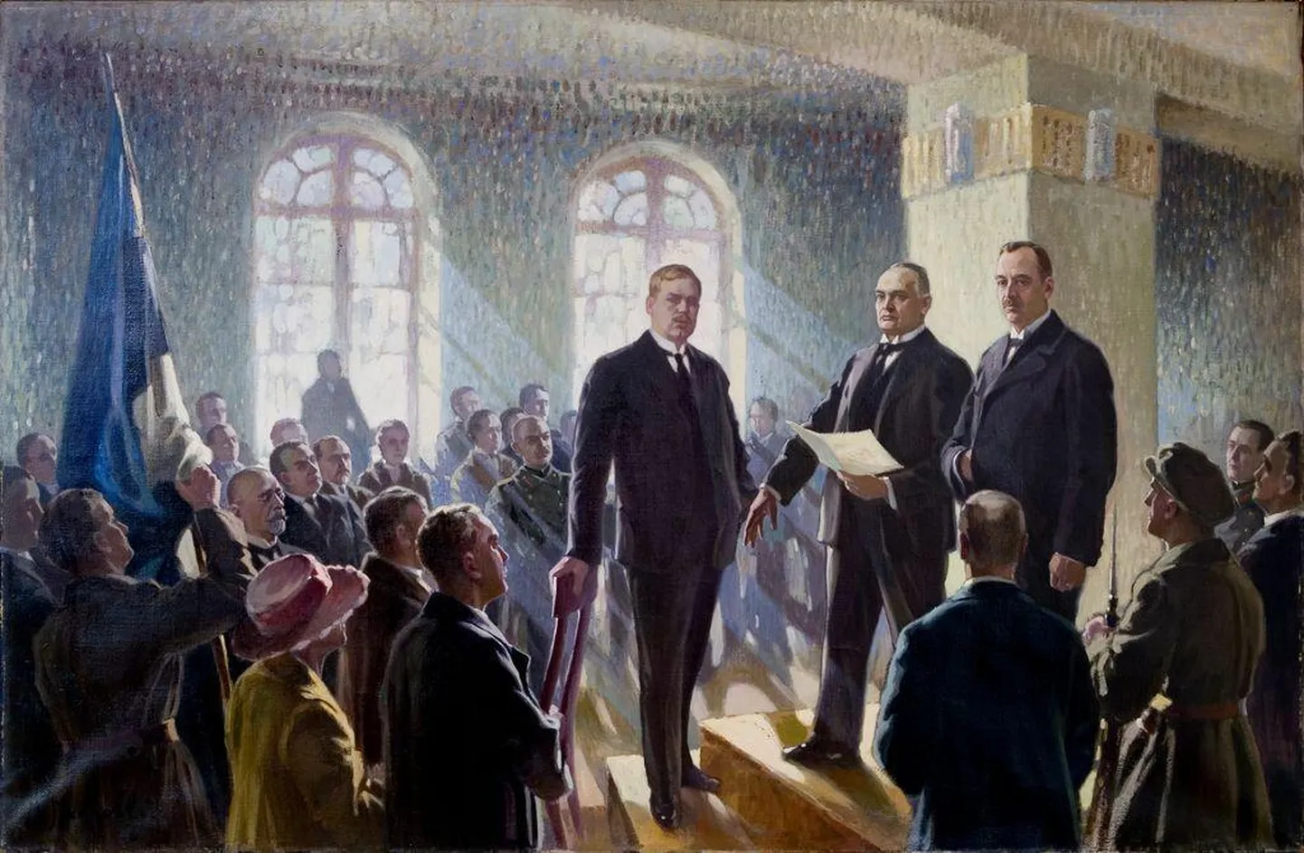 Päästekomitee liikmed (vasakult) Jüri Vilms, Konstantin Päts ja Konstantin Konik kunstnik Maximilian Feichter Maksolly maalil «Eesti Vabariigi väljakuulutamine 24. veebruaril 1918» Tallinna linnamuuseumis.