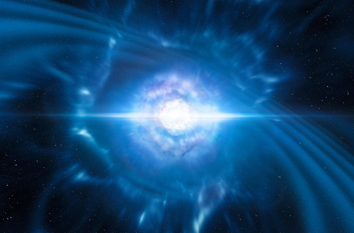 Kunstniku nägemus kahe neutrontähe ühinemisest. Selliseid sündmusi gravitatsioonilainete jälgimine tuvastada võimaldabki.