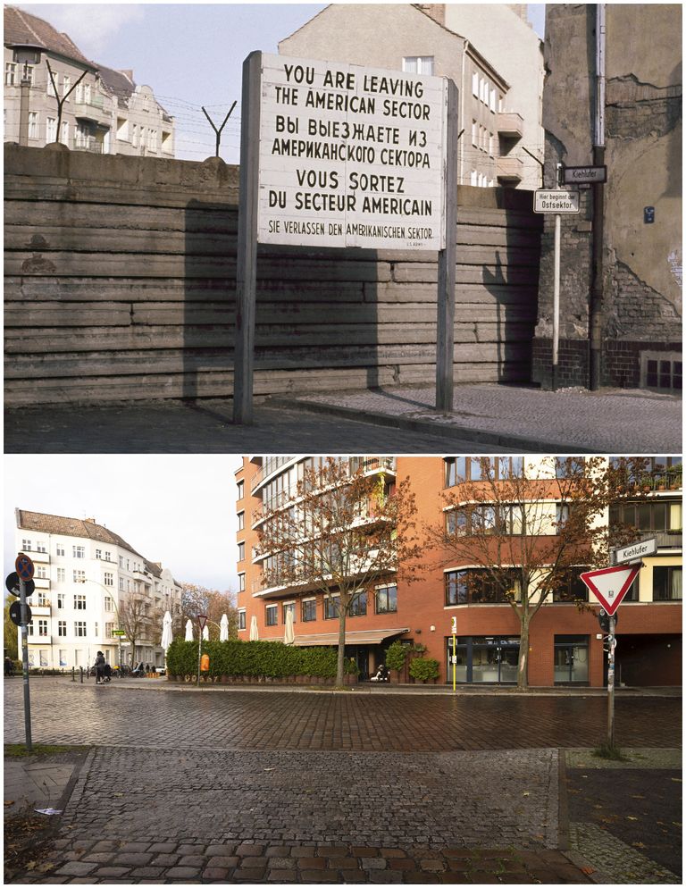 Berlīnes mūra posms 1971.gada 12.martā un šī vieta 2019.gada 2.novembrī.