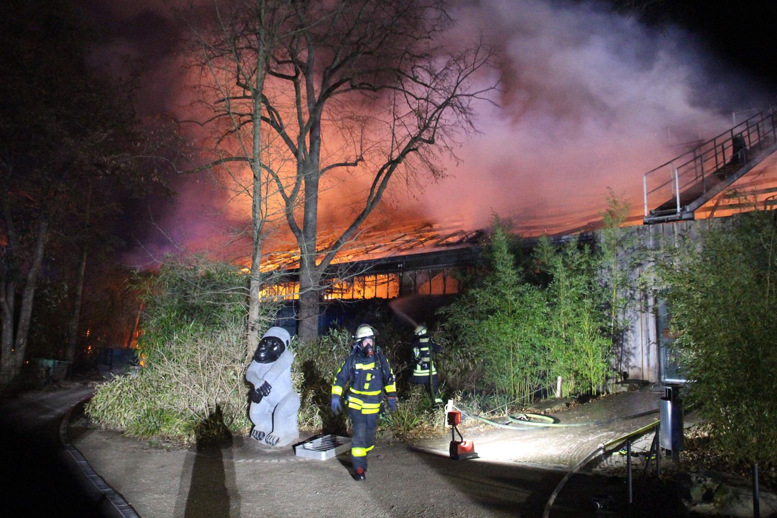 Tuletõrjujad Krefeldi loomaaia ahvimaja kustutamas.