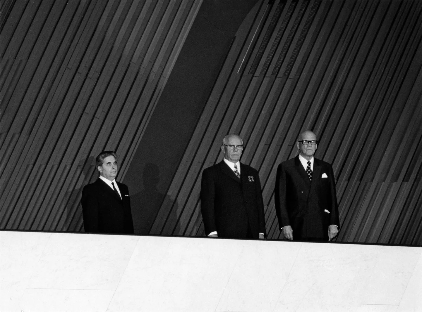 Nõukogude Liidu ja Soome sõpruse-, koostöö ja vastastikuse abiandmise lepingu 25. aastapäeva pidulik tähistamine Helsingis Finlandia-talos 1973. aastal. Paremal seisab Soome president Urho Kaleva Kekkonen, tema kõrval NSV Liidu Ülemnõukogu presiidiumi esimees Nikolai Podgornõi.