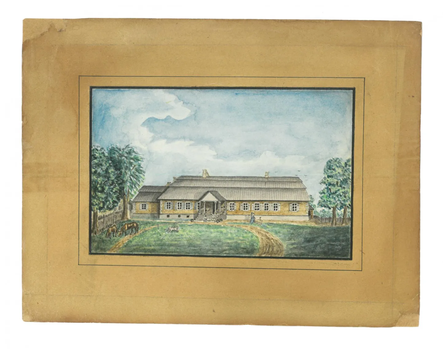 Maalitud 25. septembril 1834 Tartus. Maja juures on lisaks inimestele koer ja kaks hobust, 19. sajandi algul oli looma­pidamine linnas väga levinud.