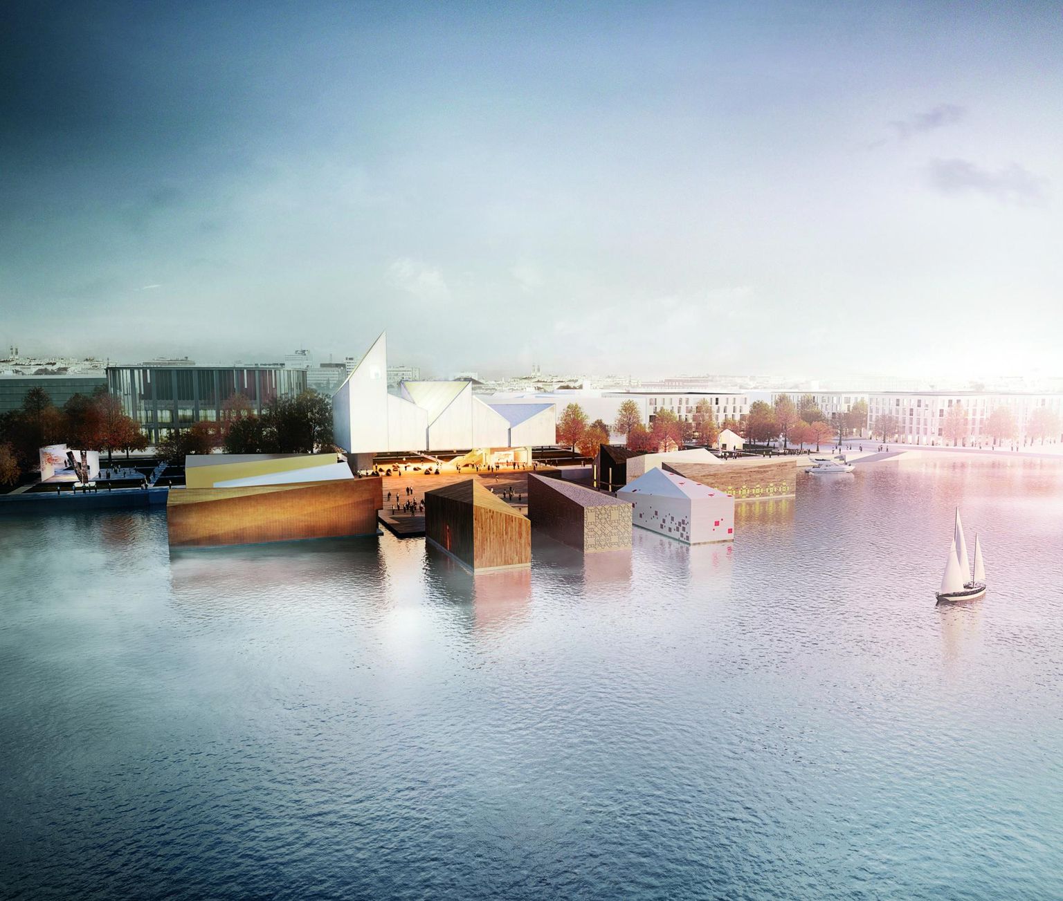 Läänemere kunstisadama projekti 3D-projektsioon Pärnu jõe vasakkaldal.