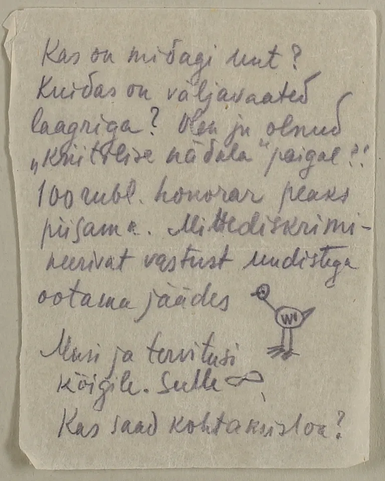 Jaan Krossi kiri abikaasa Helgale Patarei vanglast 1947. aastal (ERA.5637.1.2).