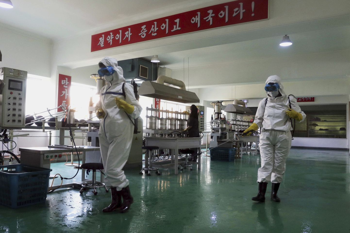 Terviseametnikud desinfitseerivad üht Pyongyangi töökohta koroonaviiruse vastu. Foto on illustratiivne.