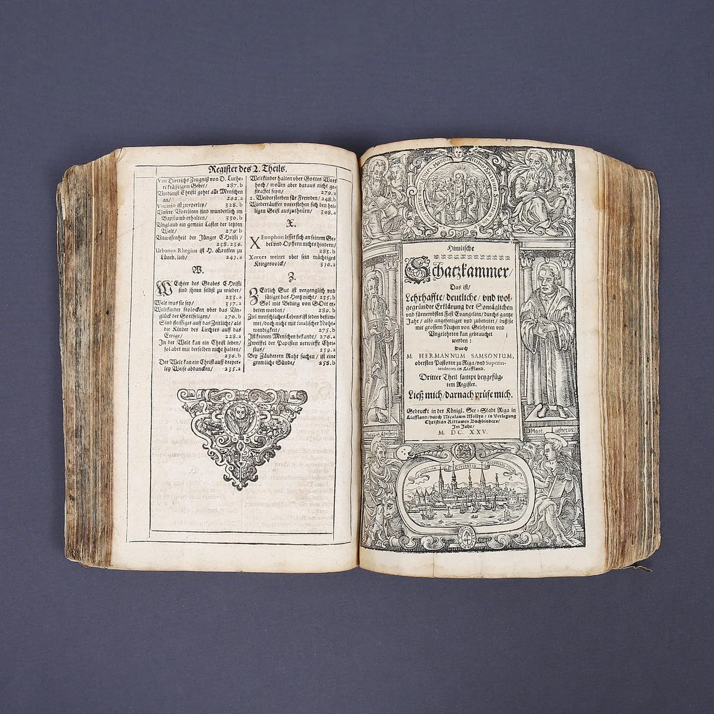 Hermaņa Samsona sprediķu krājums “Debesu dārgumu krātuve” (Himmelische Schatzkammer). Iespiedējs: Nikolausa Mollīns, Rīga, 1625. gads.
