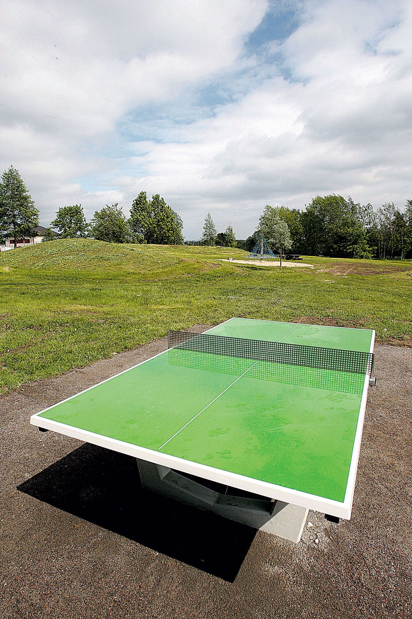 Ropka mänguväljaku moodustavad roheline lauatennise laud, sinine ronimiskarussell (taamal) ja ühe korviga palliplats.
