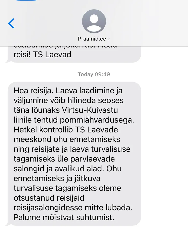 TS Laevade teade piletibroneeringu teinud reisijatele pommiähvarduse kohta.