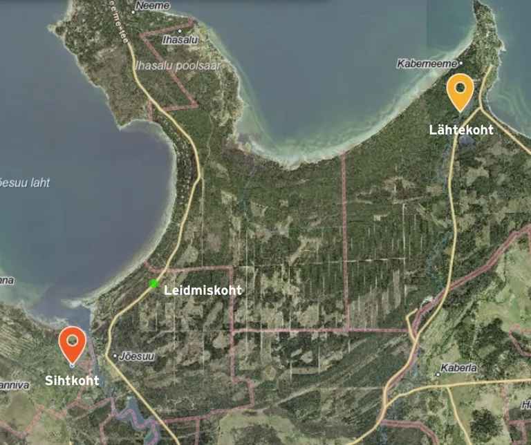 Kollasega on tähistatud koht, kust mees liikuma hakkas, punasega koht, kuhu mees oleks pidanud jõudma ja rohelisega tema leidmiskoht.