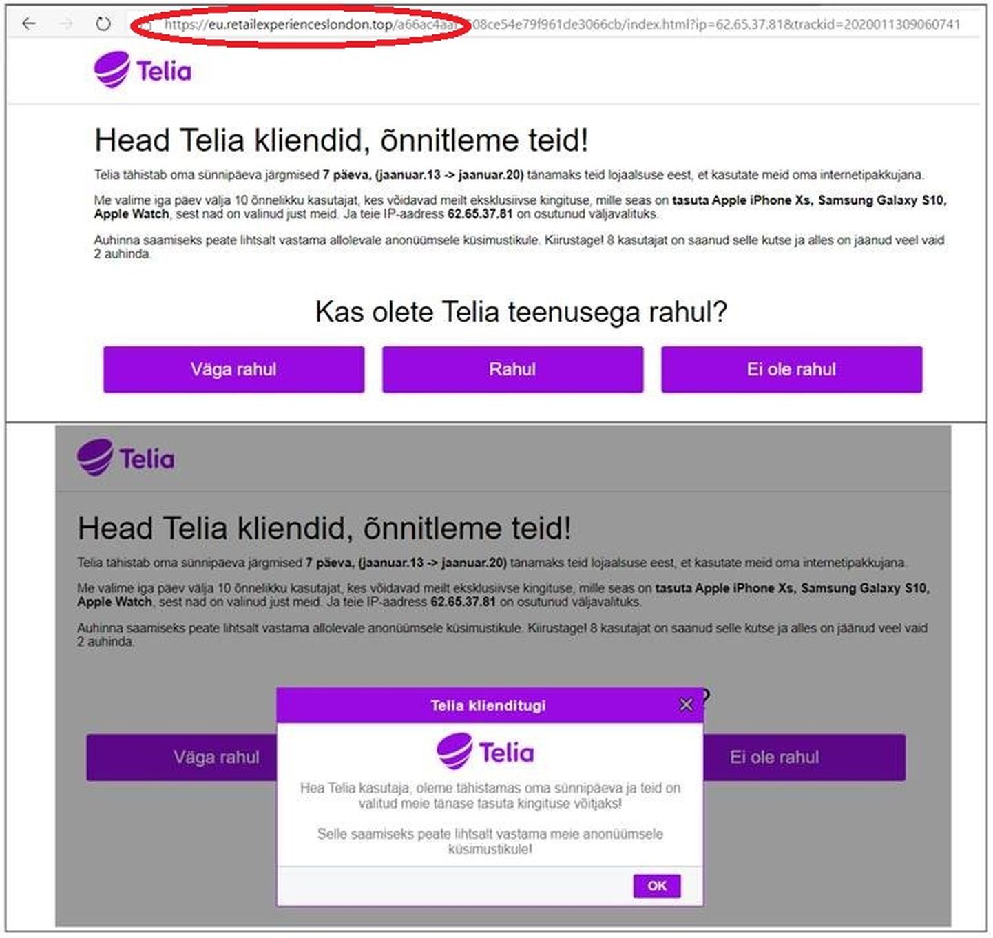 Мошеннические письма от якобы Telia. На скриншоте видно, что сайт не имеет отношения к официальной стране компании.