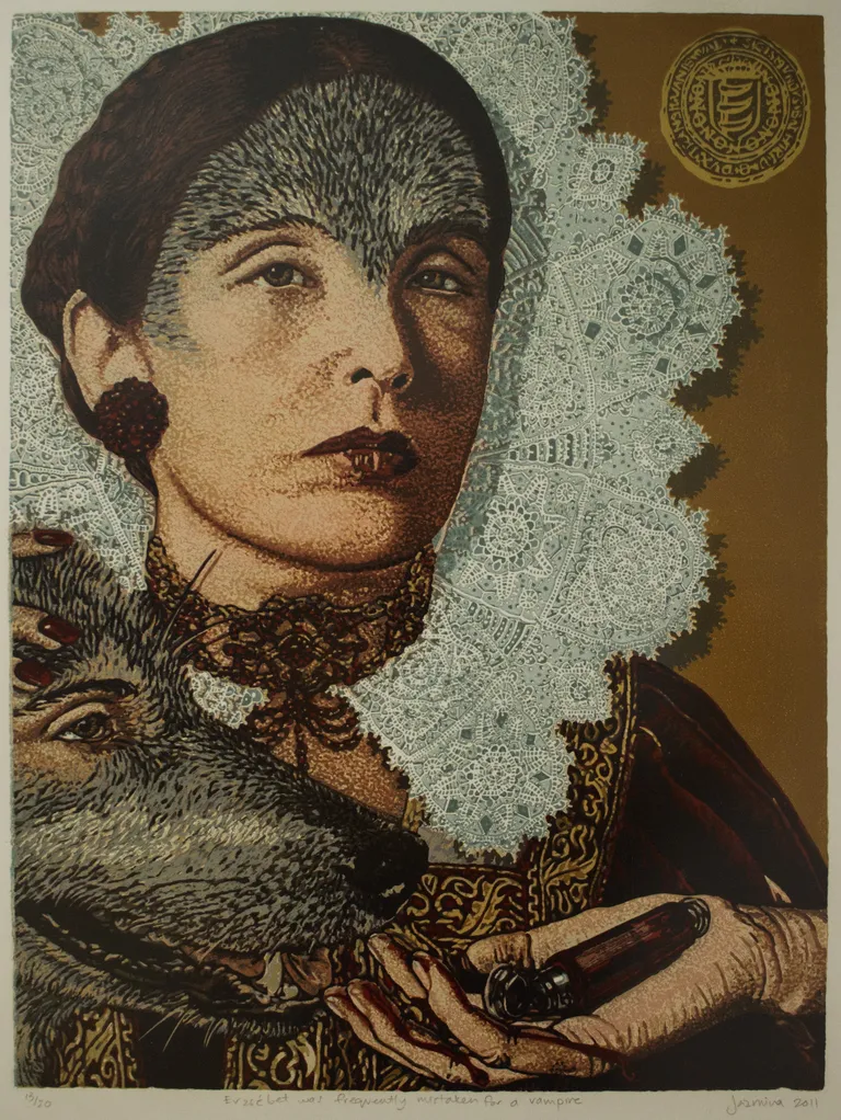 «Erzsébet was frequently mistaken for a vampire» («Erzébethi peeti sageli ekslikult vampiiriks»), reduktsioon, linoollõige, 2011.