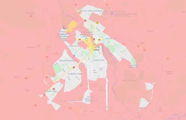 Kaardil on näha Tartu linna Bolti tõukerataste teeninduspiirkond. 