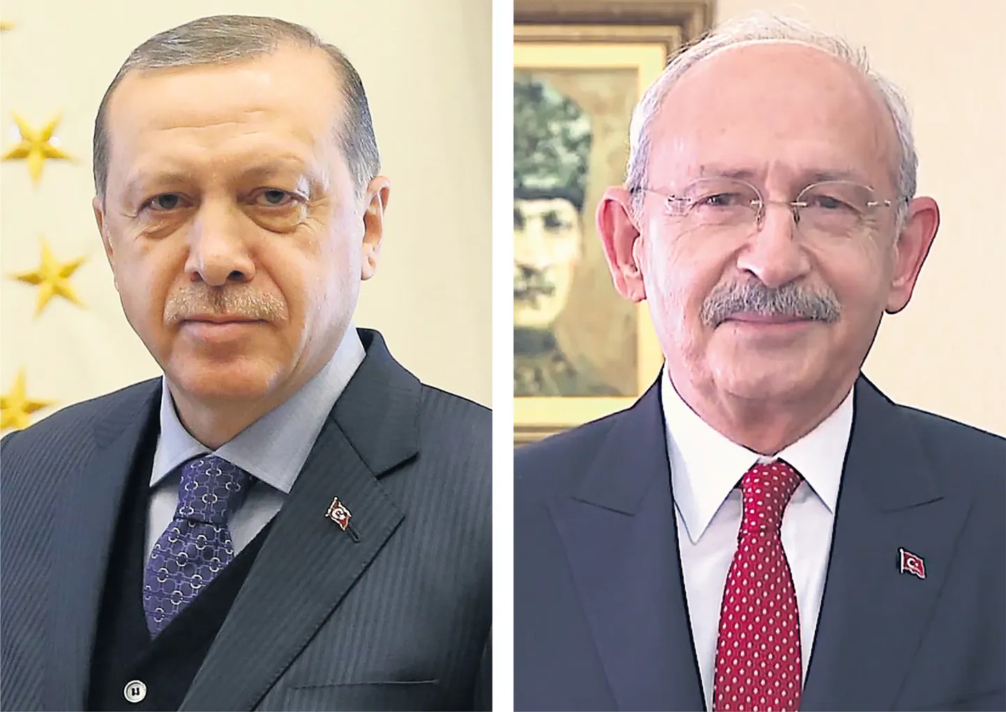 KES KEDA? Türgi 14. mai presidendivalimiste kaks peamist kandidaati on senine riigipea  Recep Tayyip Erdoğan (vasakul) ja kuue opositsioonierakonna ühiskandidaat Kemal Kılıçdaroğlu.  Heitlus saab olema äge. Küsitlused annavad opositsioonile küll edumaa, kuid see on siiski üliväike. 
Wikipedia