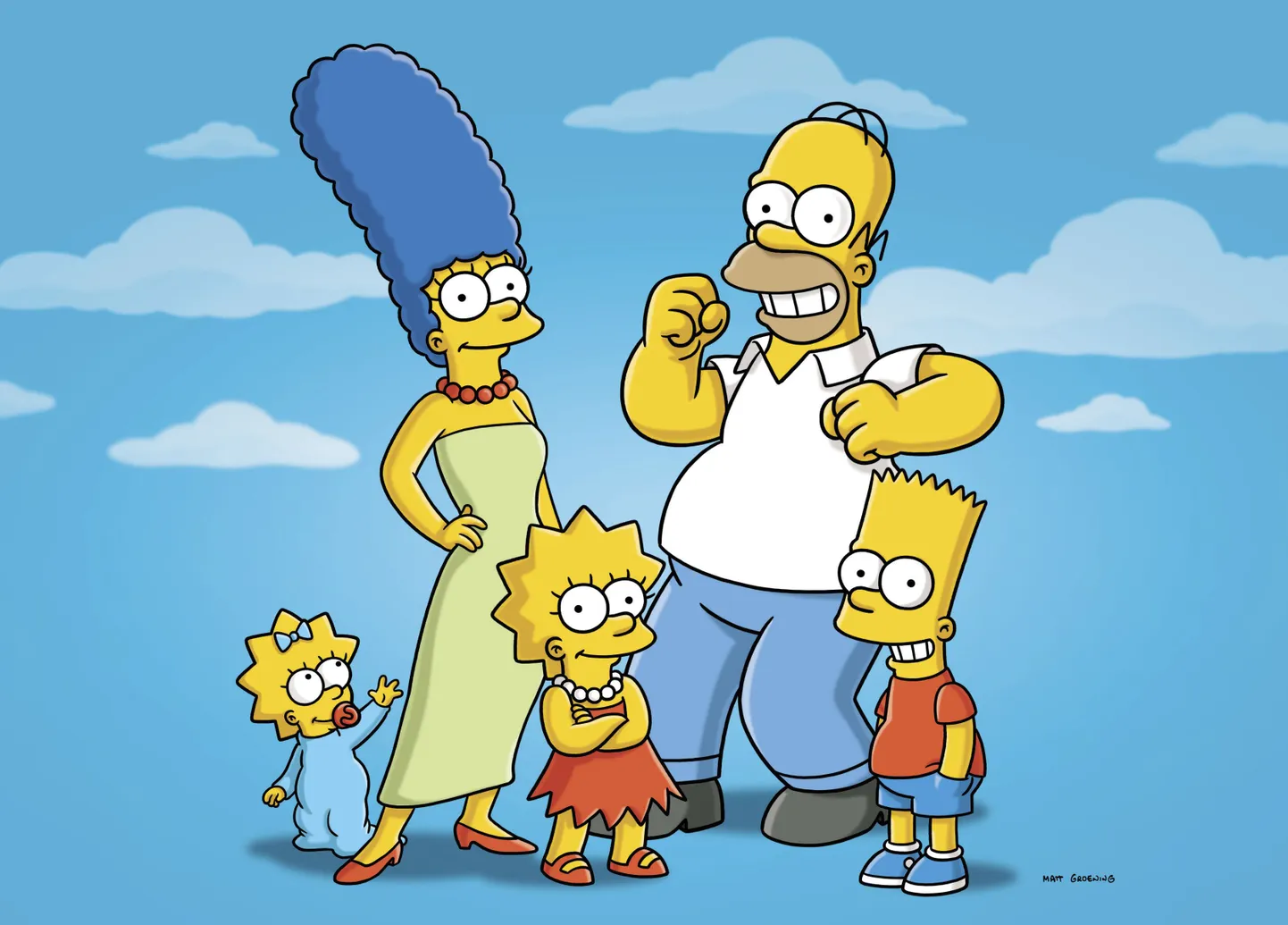 Animasarja «Simpsonid» peategelased Maggie, Marge, Lisa, Homer ja Bart ehk düsfunktsionaalne USA töölisklassi pere