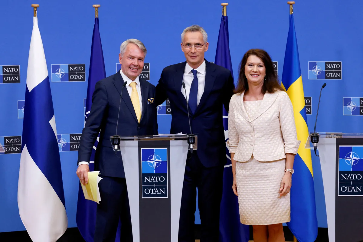 Swedish Foreign Minister Ann Linde and Finnish Foreign Minister Pekka Haavisto attended a press conference with NATO Secretary General Jens Stoltenberg after signing their countries' accession protocols at NATO headquarters in Brussels, Belgium, on July 5, 2022.