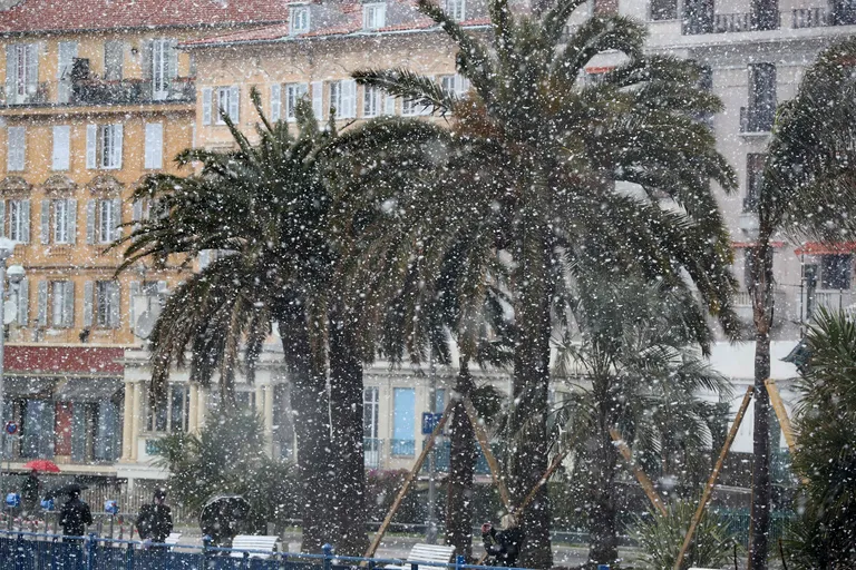Prantsusmaa kuurortlinna Nice´i rannaäärse Promenade des Anglais' palme katab lumekiht.