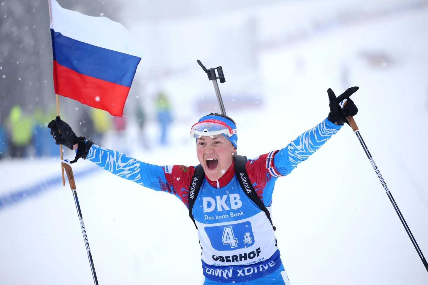 Venemaa laskesuusanaiskonna ankrunaine Jekaterina Jurlova-Percht 2019. aastal Oberhofi MK-etapil, kui Venemaa võitis naiste teatesõidu. Foto on illustratiivne.