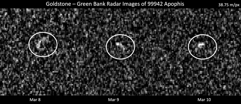 Need pildid näitavad asteroidi 99942 Apophise radarivaatlusi 8., 9. ja 10. märtsil 2021, kui see tegi viimase lähenemise enne 2029. aasta kohtumist, millal möödub objekt meie planeedist kõige lähemalt. NASA süvakosmose uurimise võrgustiku Goldstone kompleks Californias Barstowi lähedal ja Green Banki teleskoop Lääne-Virginias kasutasid radarit, et täpselt jälgida Apophise liikumist, kogudes andmeid, mis välistavad Maale jõudmise võimaluse vähemalt lähima sajandi jooksul.