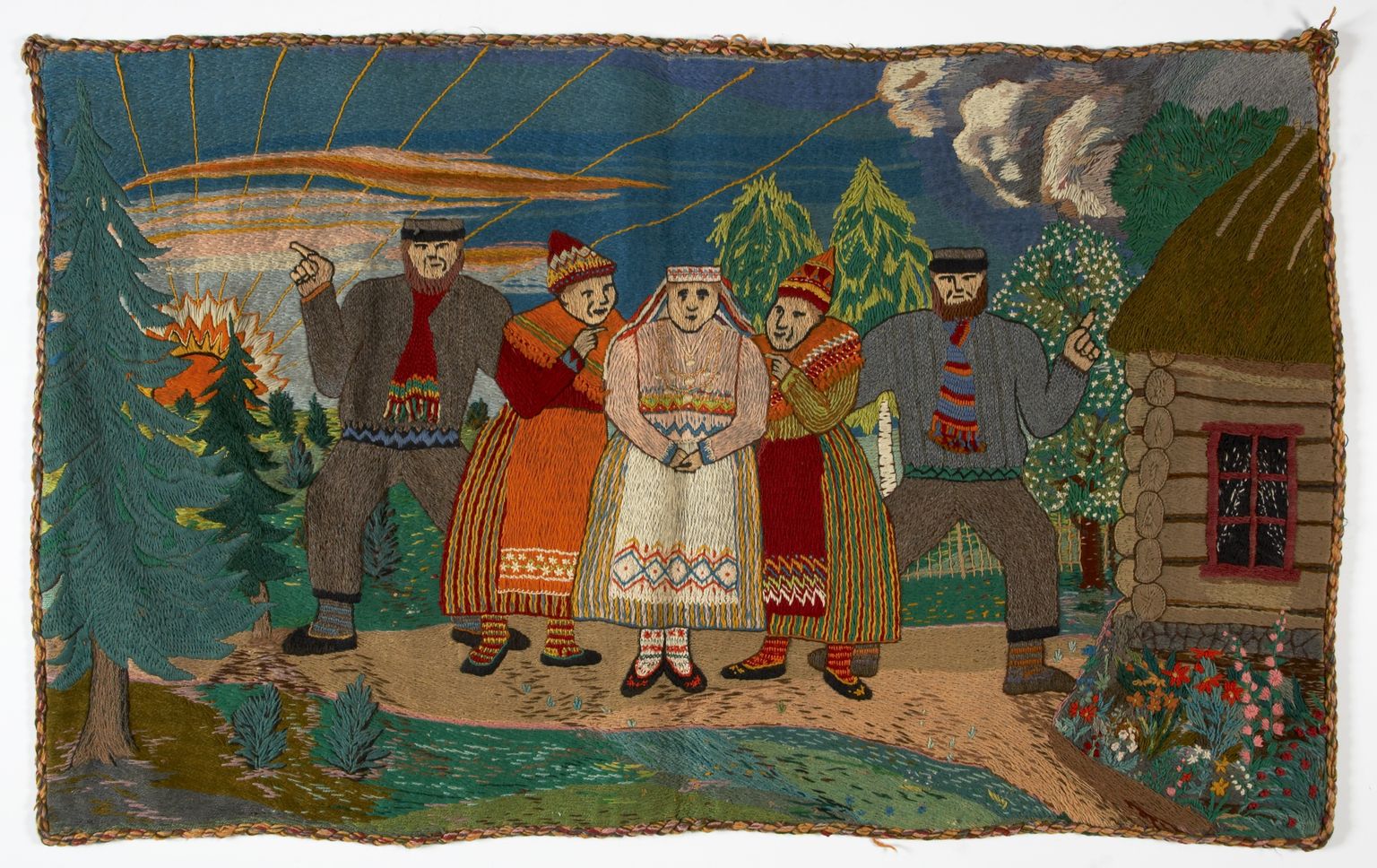 “Kaasitajad pruudi ümber”(1915-1920), Helene Ranna-Tambergi tikitud seinavaip 115 cm x 68,5 cm, õde Elviine annetas Eesti Rahva Muuseumile 1962.