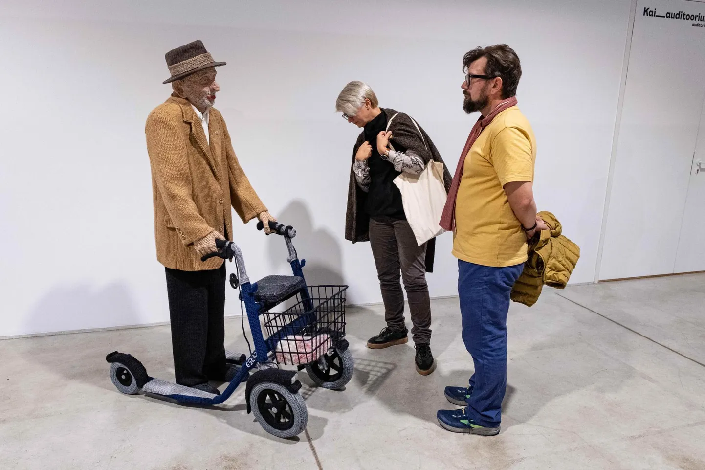 Vaatajad kohtumas Soome kunstniku Liisa Hietaneni külaelanikuga.