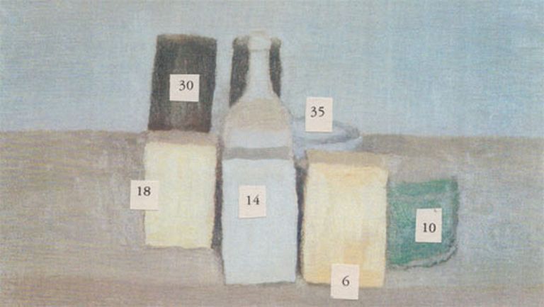 Miks Mitrēvics. "morandi 48a.jpg" – cipari, pielīmēti Džordžio Morandi (Giorgio Morandi) Still Life (1956) reprodukcijai 