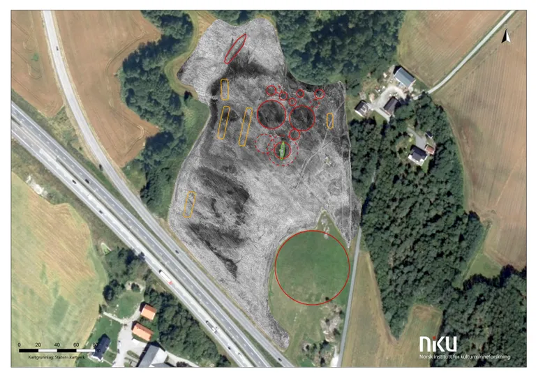 Georadariga tuvastatud leiud on aerofotole märgitud punaste ning kollaste joontega.