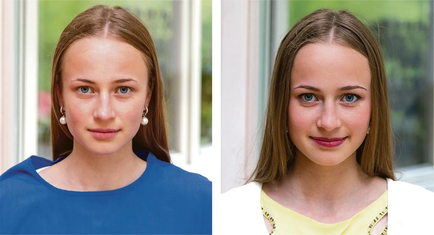 Modell Laura Danilas enne ja pärast tunniajalist jumestamist.