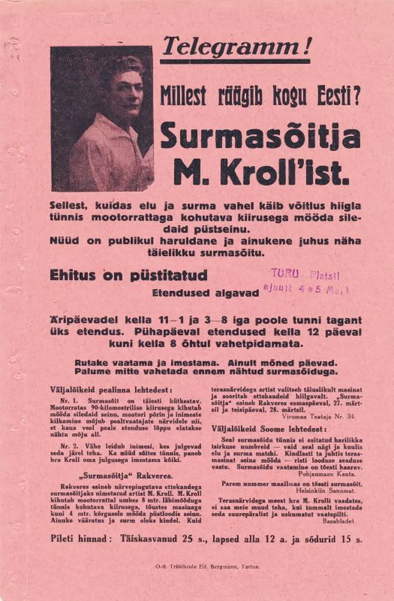 Reklaamkuulutus. Etendus «surmasõitja» M. Kroll Haapsalu turu platsil 4.-5. mai 1933. Haapsalu Linnavalitsuse kaust. 1933. Köidetud. , HM _ 7597:53 ArTr, Haapsalu ja Läänemaa Muuseumid SA
