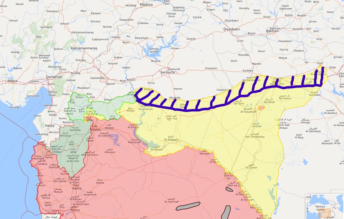 Sīrijas ziemeļi ar aptuveno vietu, par kuru notiek diskusijas par buferzonas izveidi (zilā krāsā)