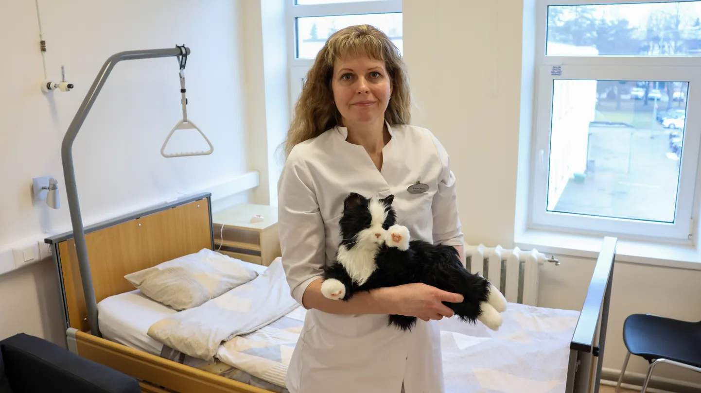 Põlva haigla Õendusabi osakonna juhataja Krister Matto tutvustamas teraapilist robotkassi, kes on mõeldud hospiitsravi patsiendi kaaslaseks.