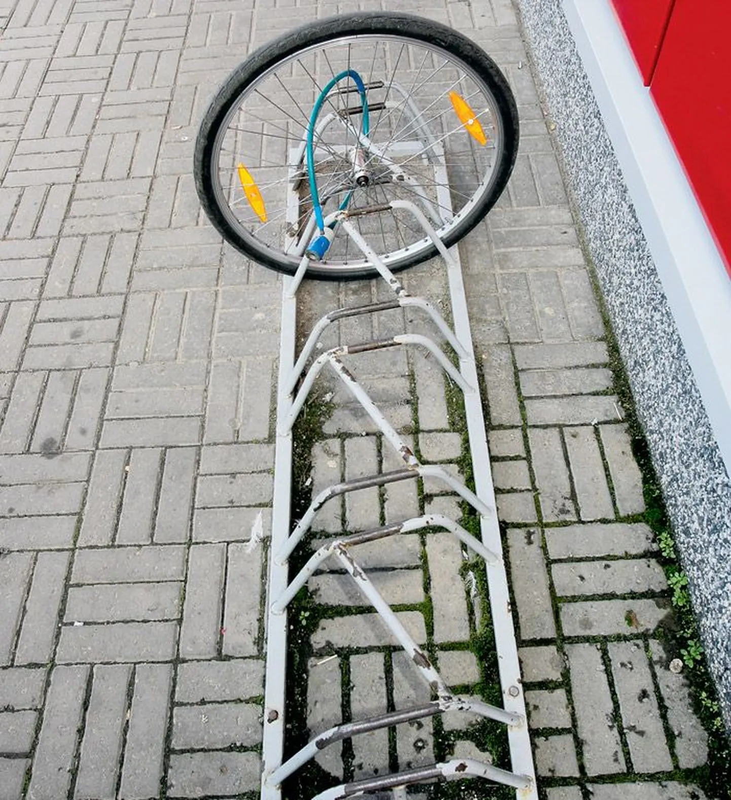 Ükskõik kui turvaline on rattalukk, sellise madala hoidja külge esiratast pidi kinnitatud ratta raam võib sealt kergelt kaduda. Poest tul­­nud rattur peab siis koju vantsima toidukotid ühes, rattatsõõr teises käes. Pildil rattahoidja Rimi kaupluse juures.