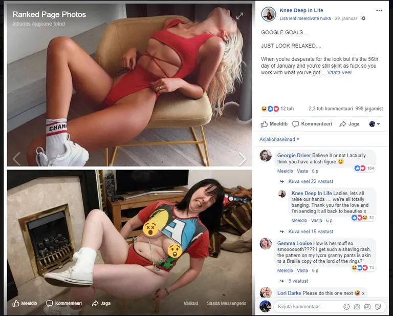 Sisulooja Knee Deep In Life viskas naeruväärselt nappide bikiinide üle nalja.