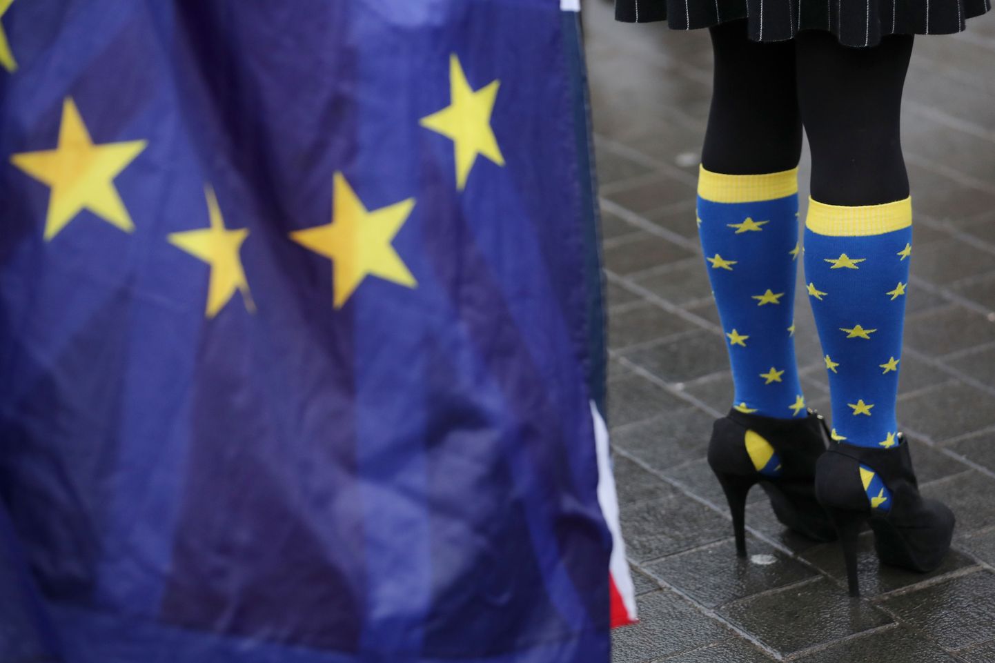 Euroopas on sündimas rõivaseadus. Pilk põlvikutele euroopameelsel meeleavaldusel Briti parlamendi ees 13. detsembril 2017.