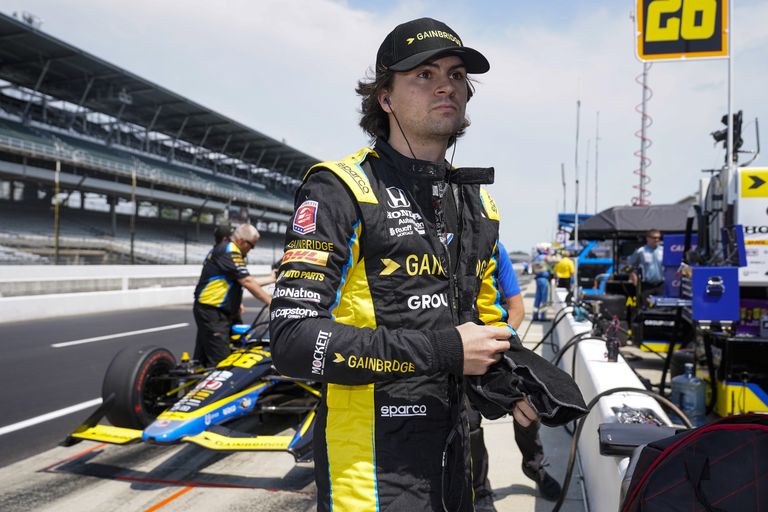 Colton Herta prepares to drive during practice for the IndyCar auto race at Indianapolis Motor Speedway in Indianapolis, Friday, May 20, 2022. (AP Photo/Michael Conroy)